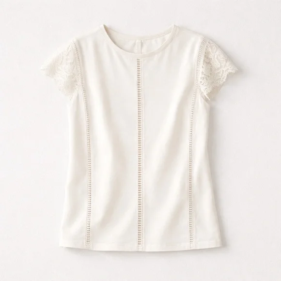 Sandro Lace Sleeve Crewneck Top in Cream T3/L - Picture 2 of 9